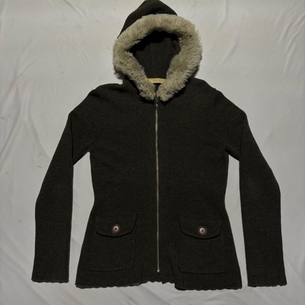 Anthropologie Sleeping On Snow Lambswool Knit Hoodie Sweater Jacket Faux Fur M
