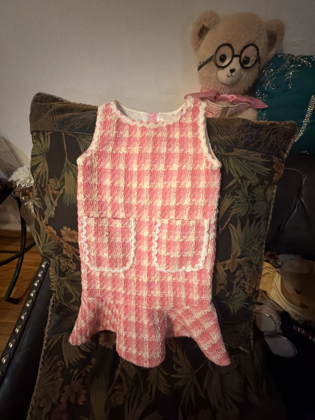 Badgley Mischka Pink Tweed Dress Size 3T Plaid Ruffle 3