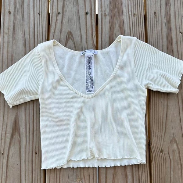 Zara V-Neck Ribbed Crop Top Size S White