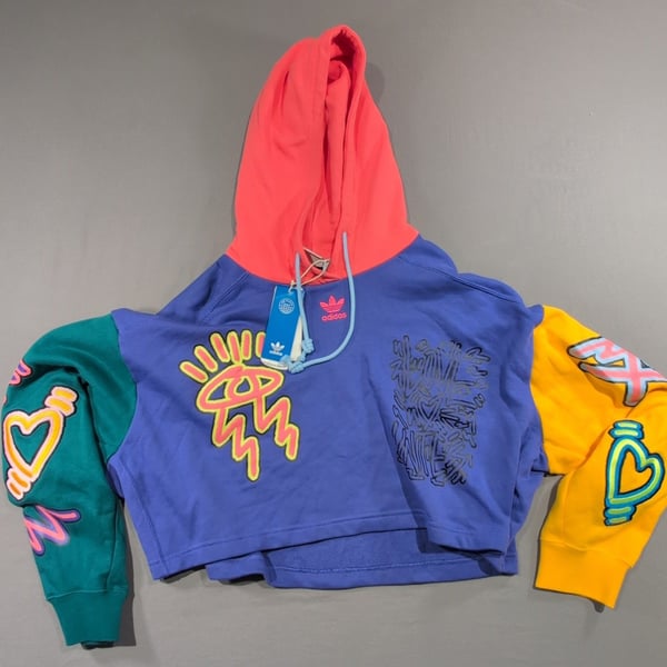 Adidas Love Unites Crop Hoodie Size L Multicolor Graphic Pullover Sweatshirt