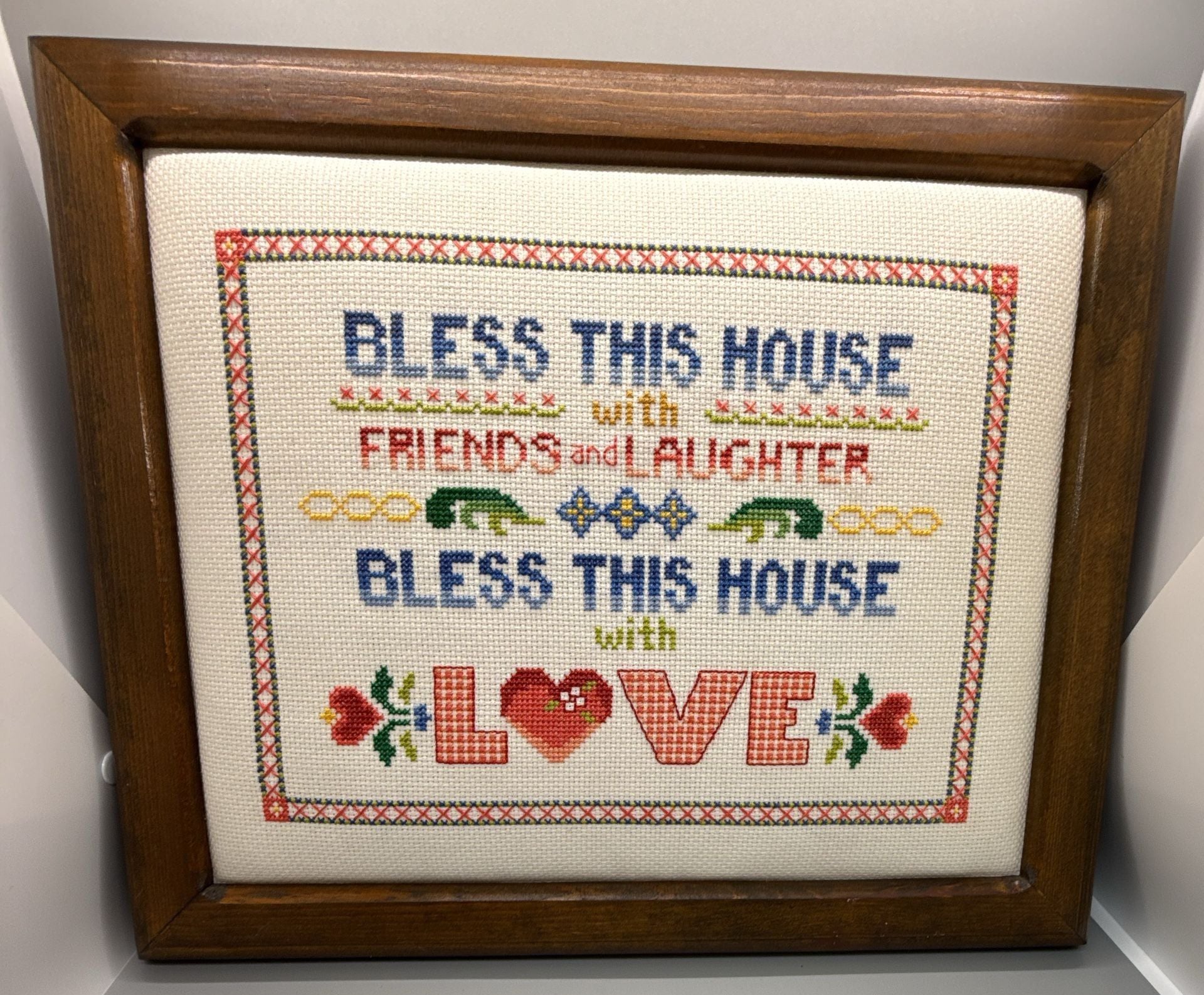 Bless House Friends Laughter Love Cross Stitch Variegated 14.5x12 Pro Framed Vtg 3