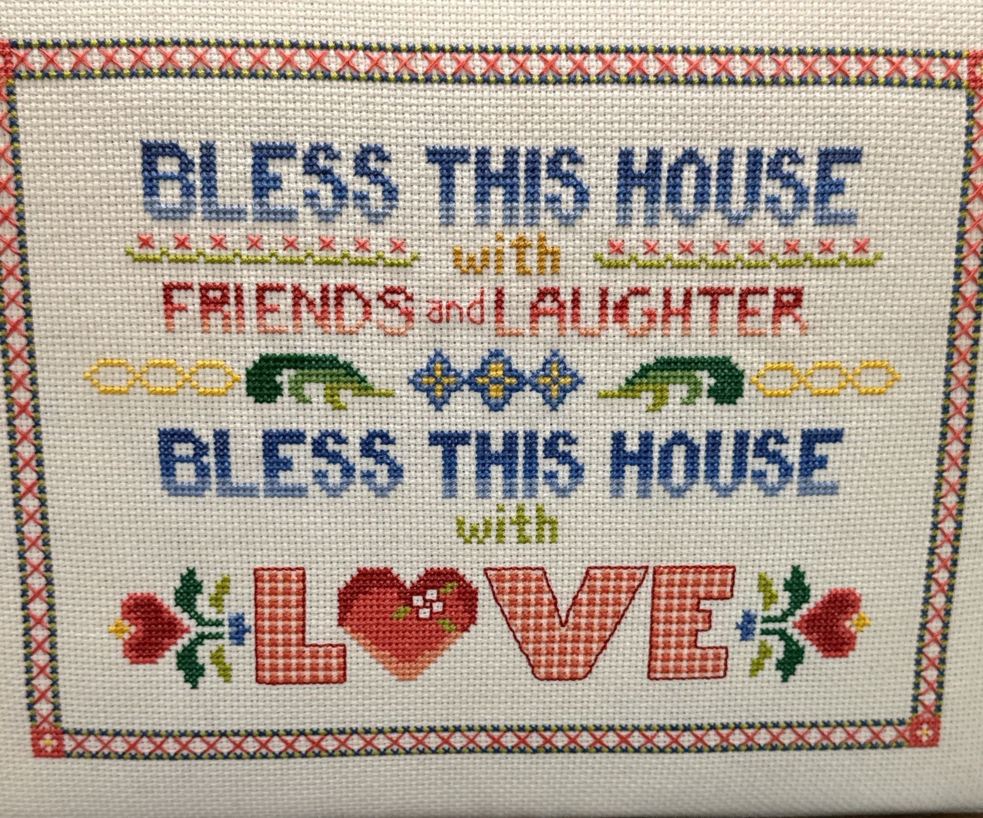 Bless House Friends Laughter Love Cross Stitch Variegated 14.5x12 Pro Framed Vtg 13