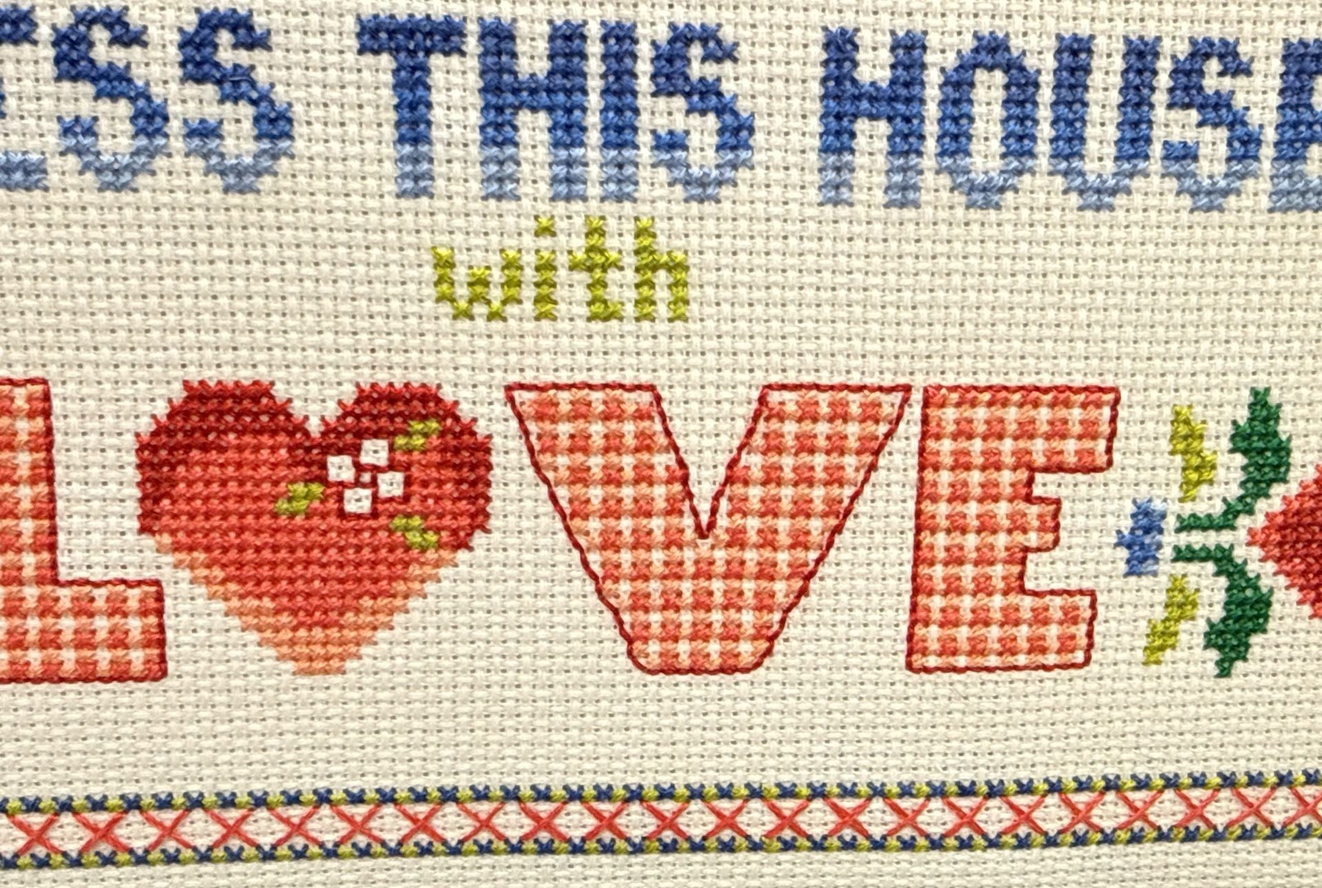 Bless House Friends Laughter Love Cross Stitch Variegated 14.5x12 Pro Framed Vtg 12