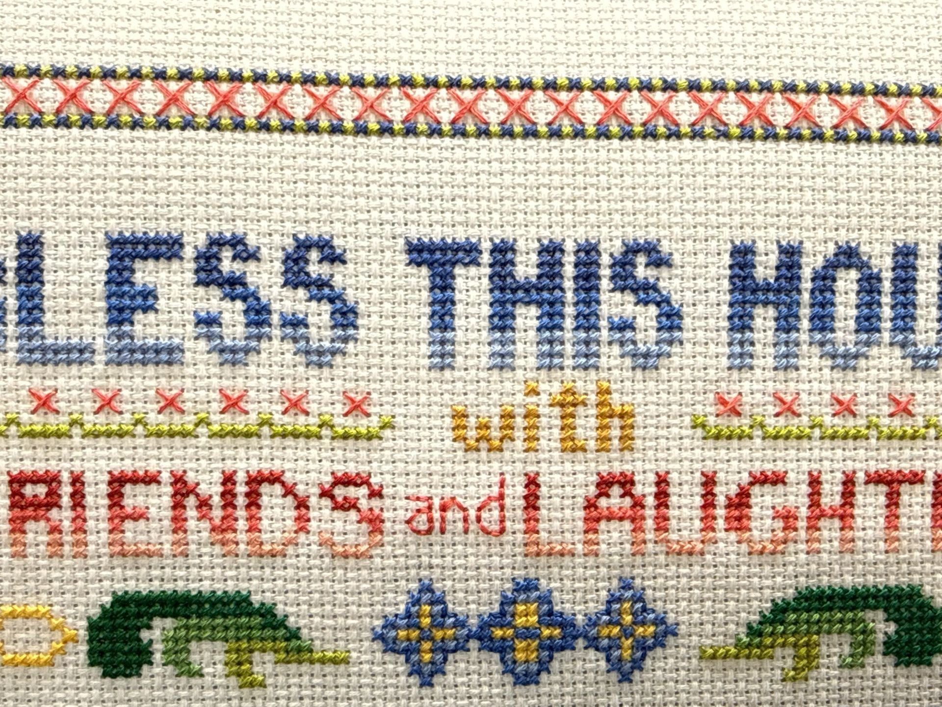 Bless House Friends Laughter Love Cross Stitch Variegated 14.5x12 Pro Framed Vtg 10