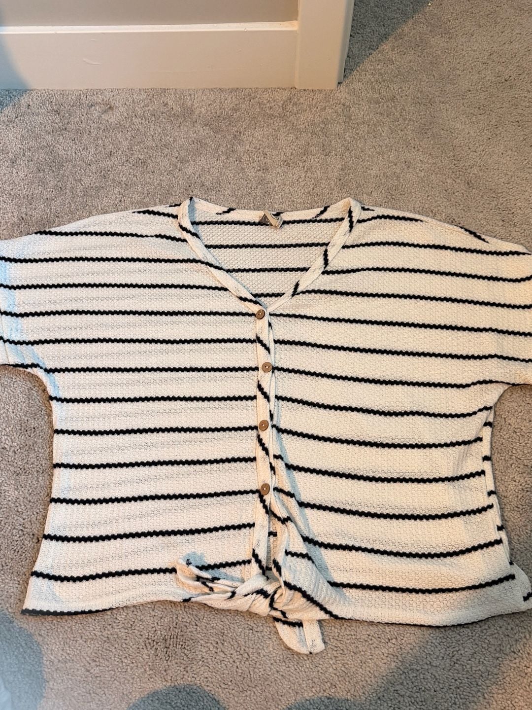 Paper Crane Button Down Top Size M Black White Stripe Waffle Knit Tie Front 1