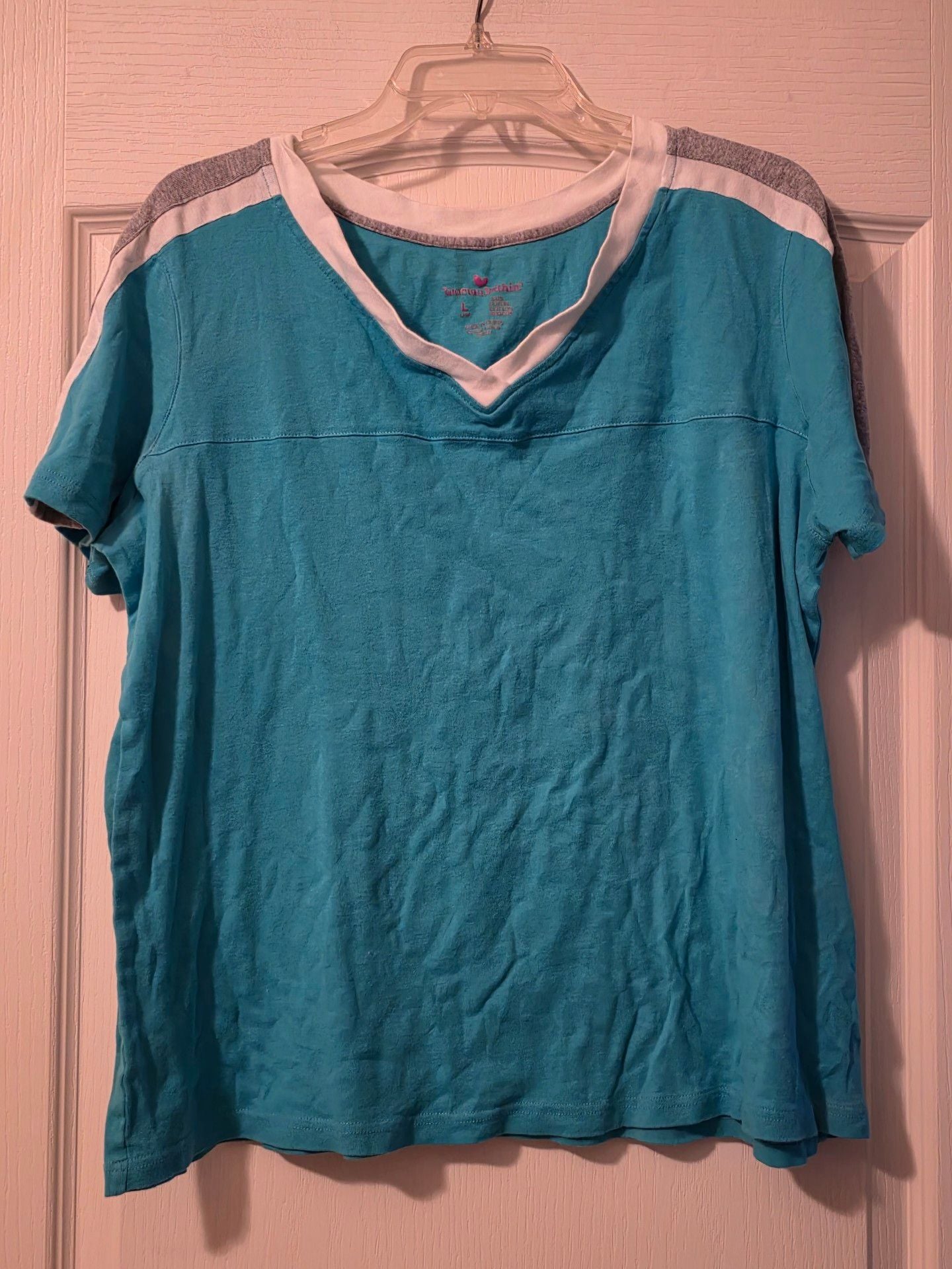 Woman Within Size Large Teal V-Neck Short Sleeve Cotton T-Shirt Gray Trim 2