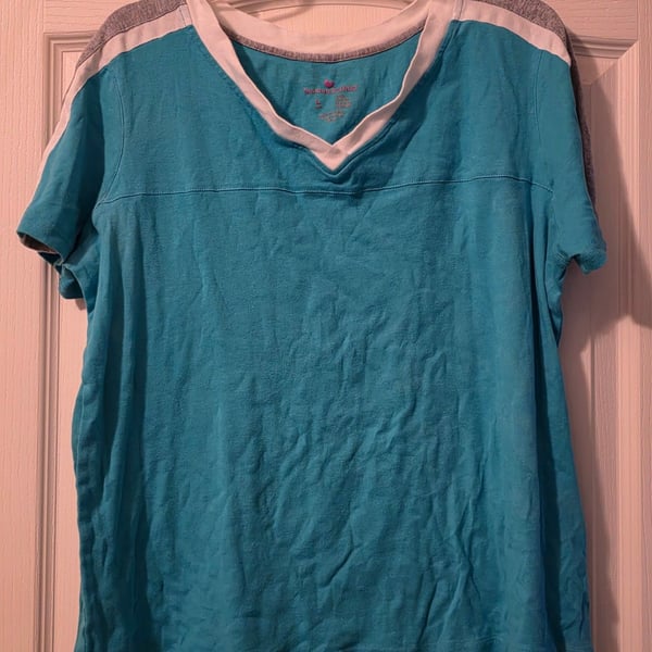 Woman Within Size Large Teal V-Neck Short Sleeve Cotton T-Shirt Gray Trim