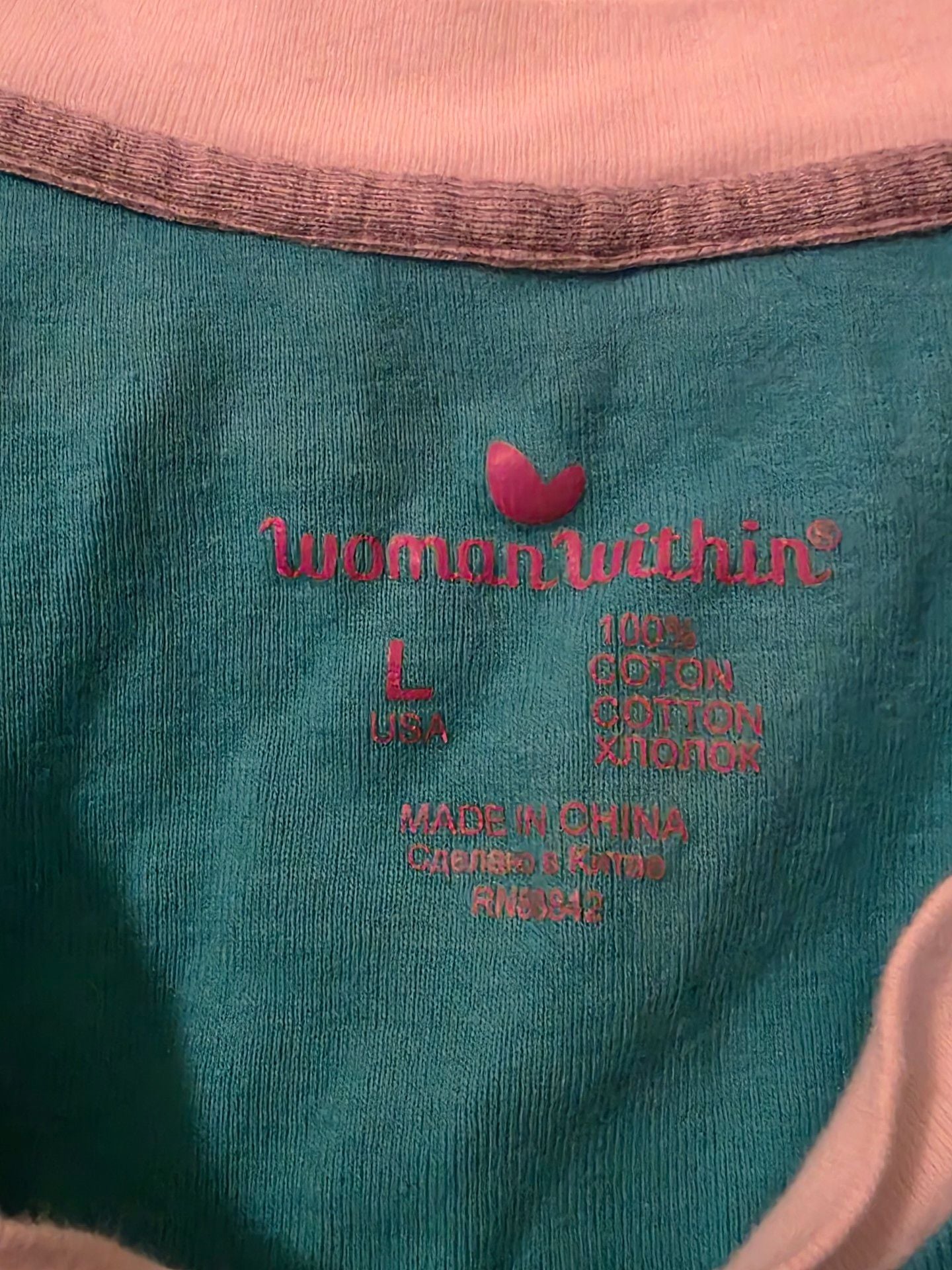 Woman Within Size Large Teal V-Neck Short Sleeve Cotton T-Shirt Gray Trim 3