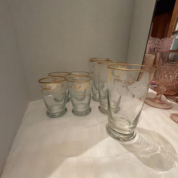 Libbey Vintage Frosted Leaf Gold Trim Glass Set