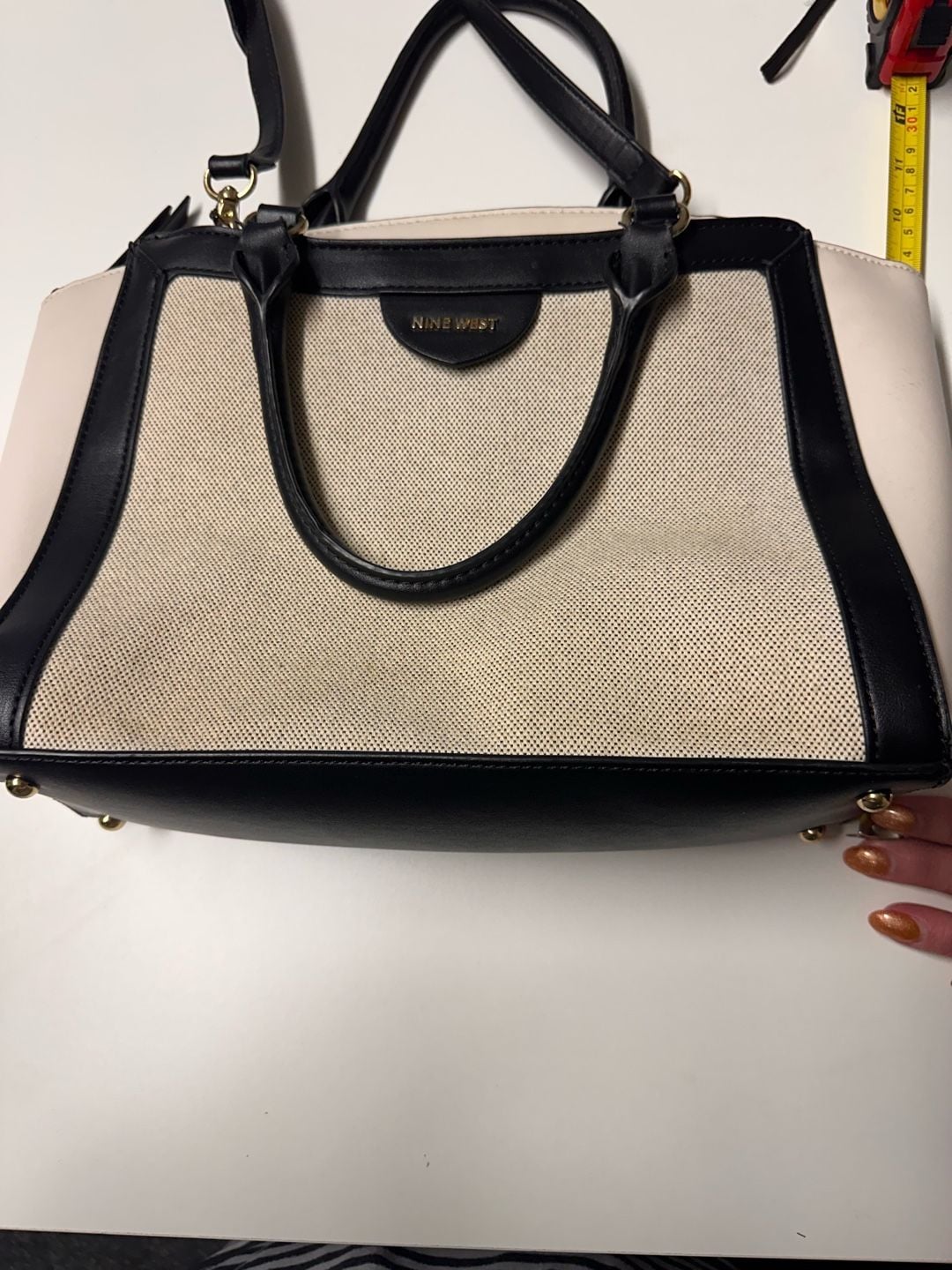Nine West Josie Satchel Black White Canvas Crossbody Bag 8