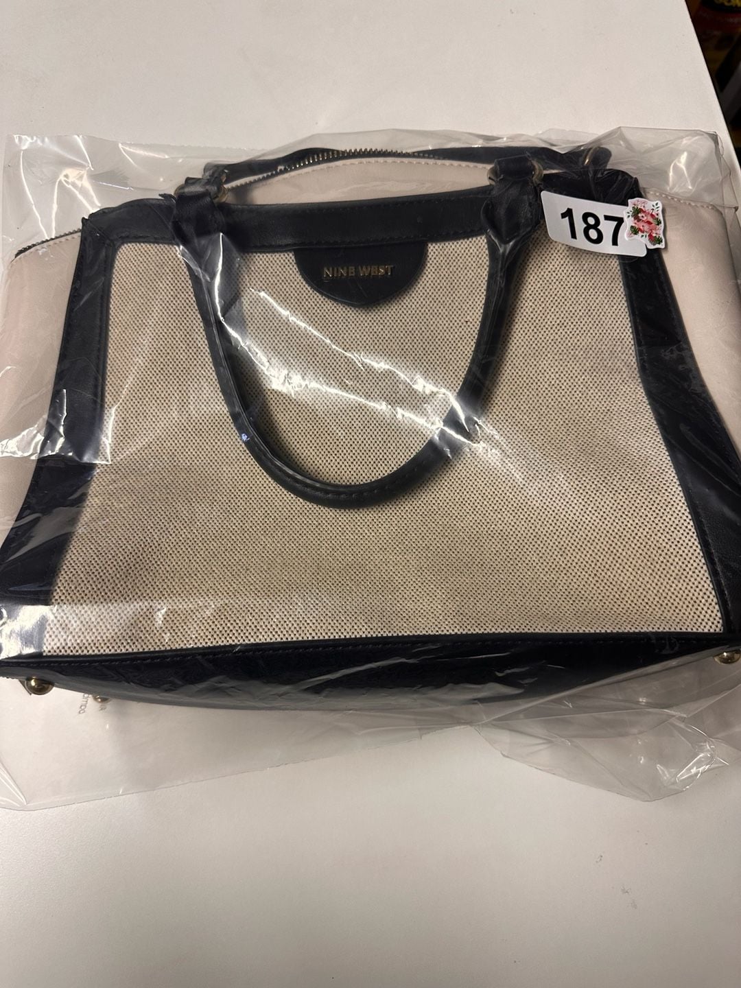 Nine West Josie Satchel Black White Canvas Crossbody Bag 10