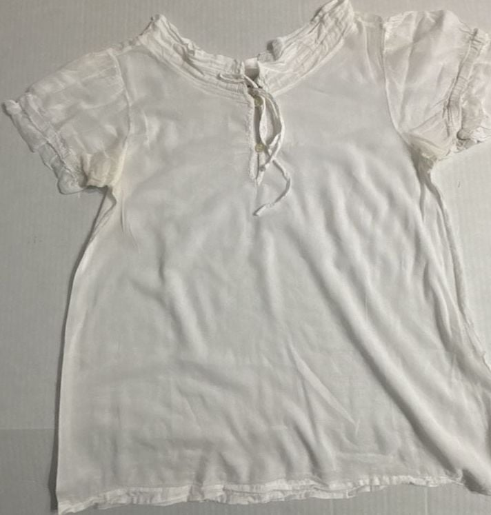 Braez Ruffle Blouse Size S White Short Sleeve Tie Neck 4