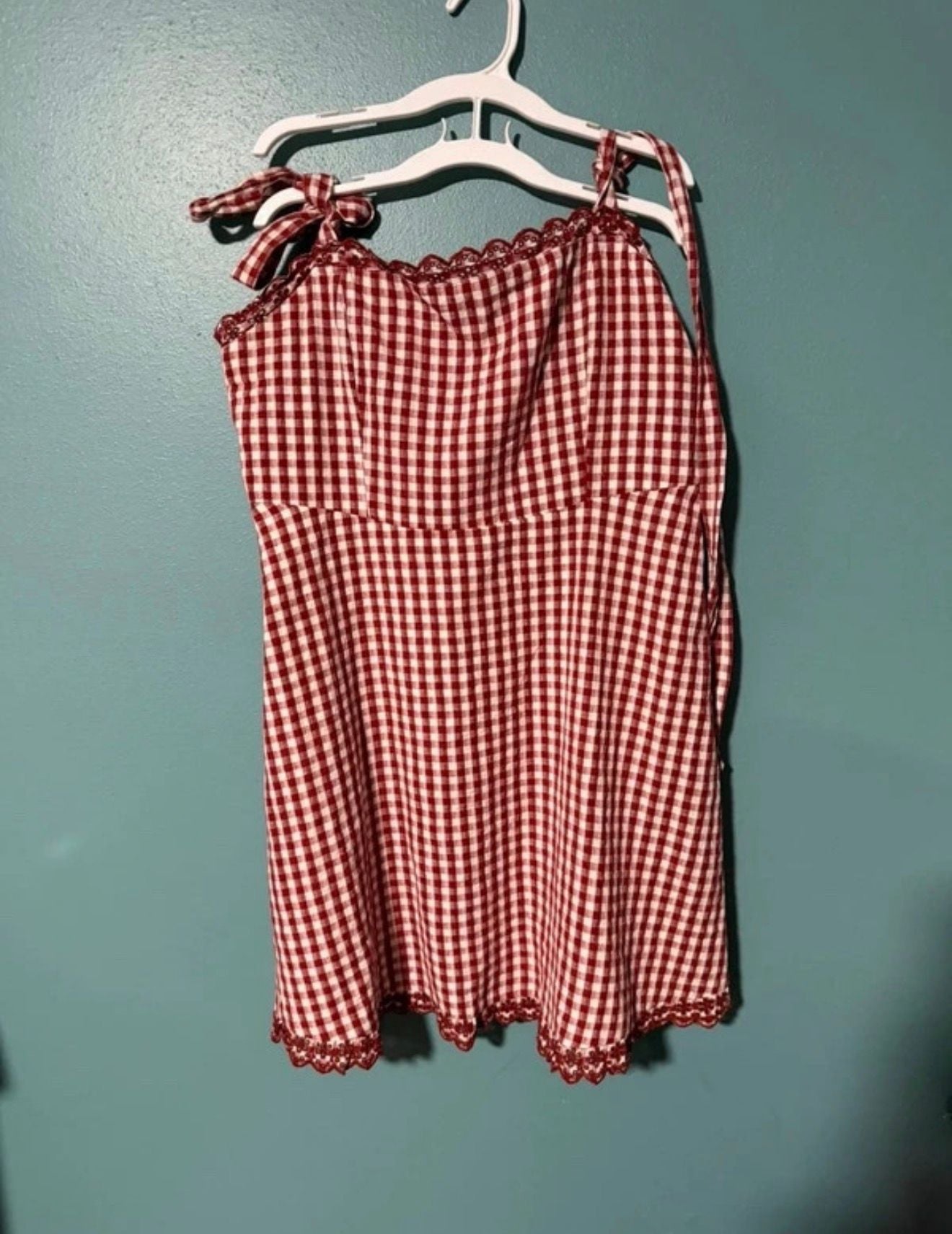 American Eagle Gingham Tie Shoulder Dress Size L Red White Mini 2