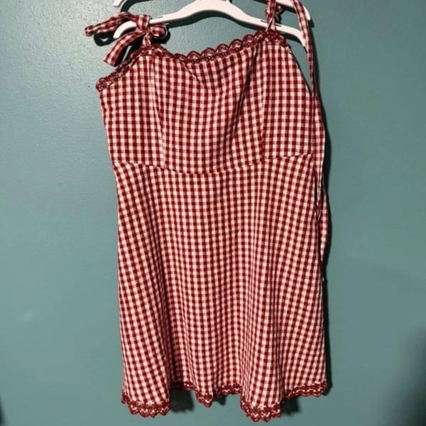 American Eagle Gingham Tie Shoulder Dress Size L Red White Mini