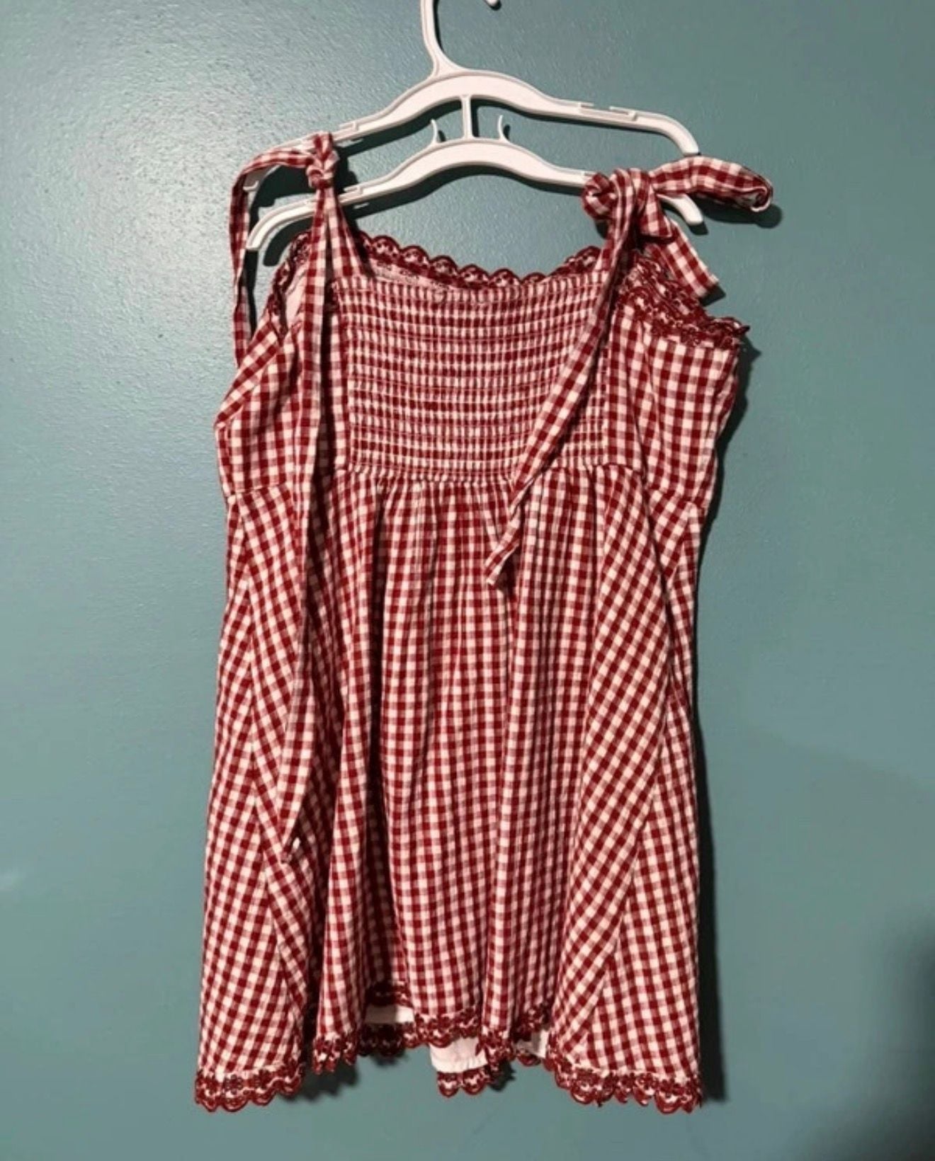 American Eagle Gingham Tie Shoulder Dress Size L Red White Mini 3