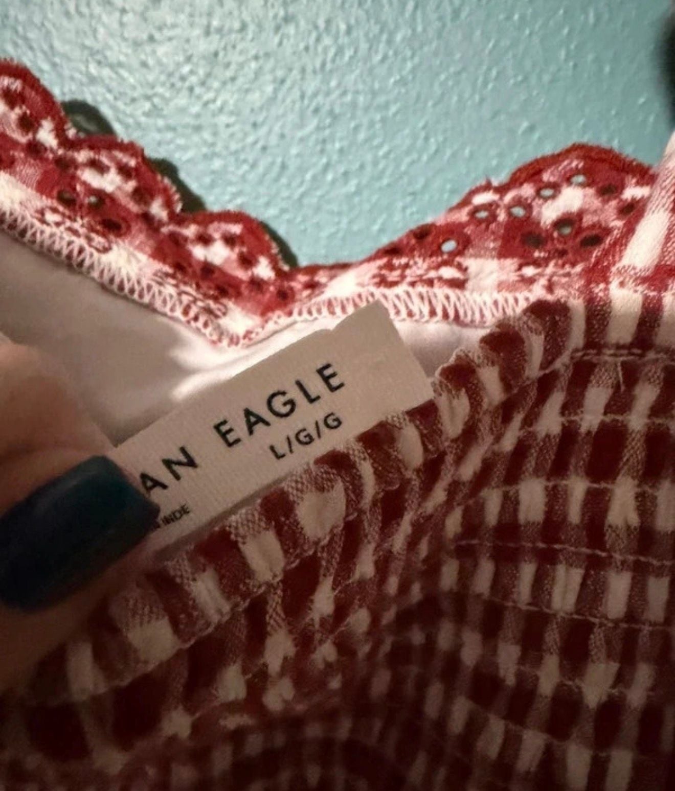 American Eagle Gingham Tie Shoulder Dress Size L Red White Mini 4