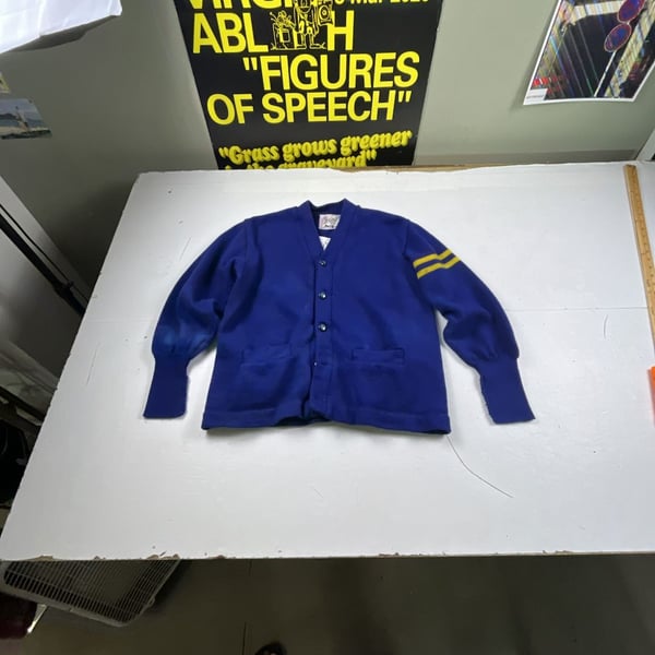 Whiting Vintage Varsity Letterman Cardigan Sweater Blue Wool Stripe