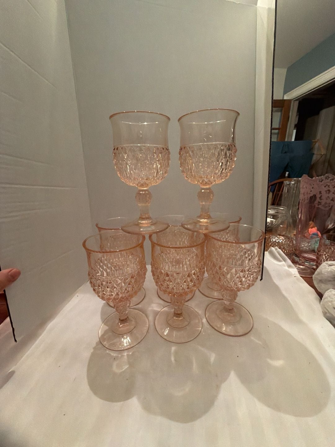Indiana Glass Diamond Point Pink Wine Goblet Set Of 8 1
