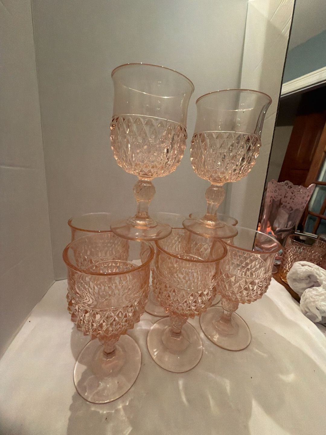 Indiana Glass Diamond Point Pink Wine Goblet Set Of 8 2