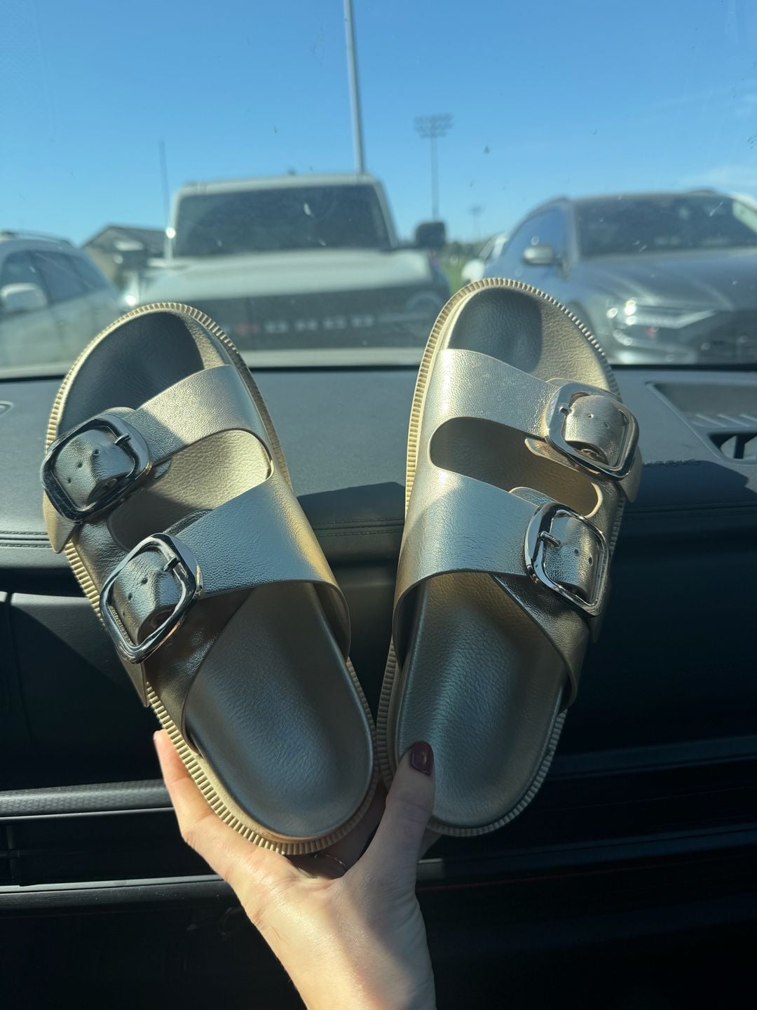 Mia Double Buckle Slide Sandals Size 7.5 Gold Metallic 2