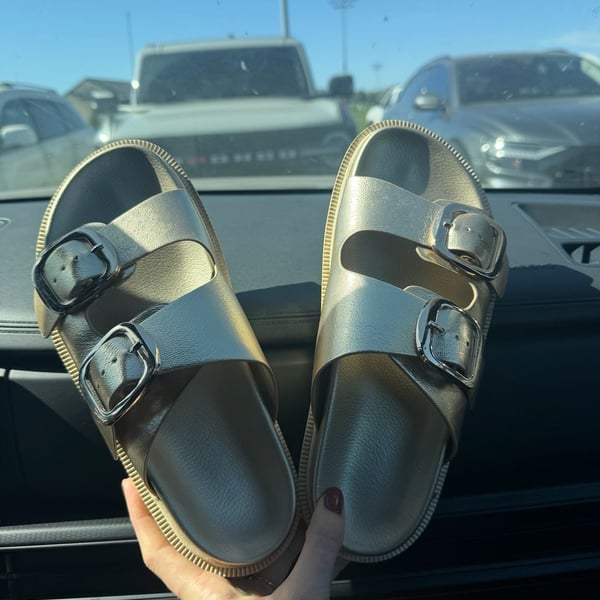 Mia Double Buckle Slide Sandals Size 7.5 Gold Metallic