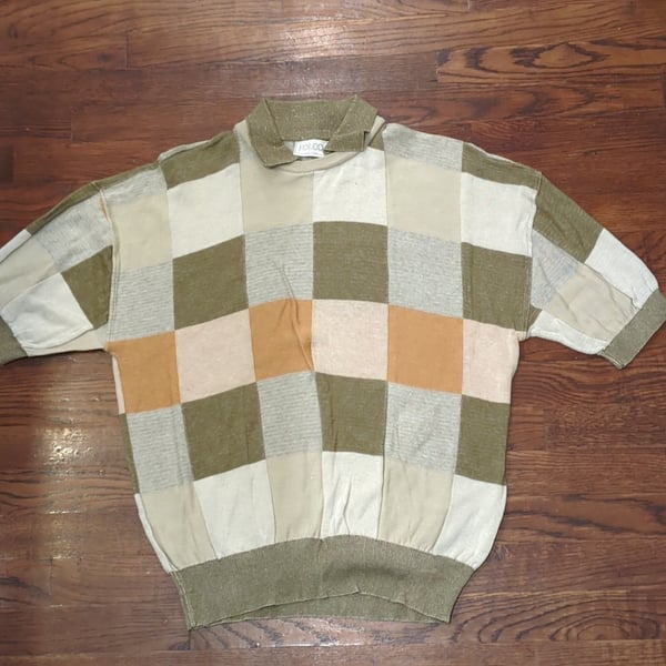 Folco Vintage Checkered Knit Polo Shirt Made In Italy large 