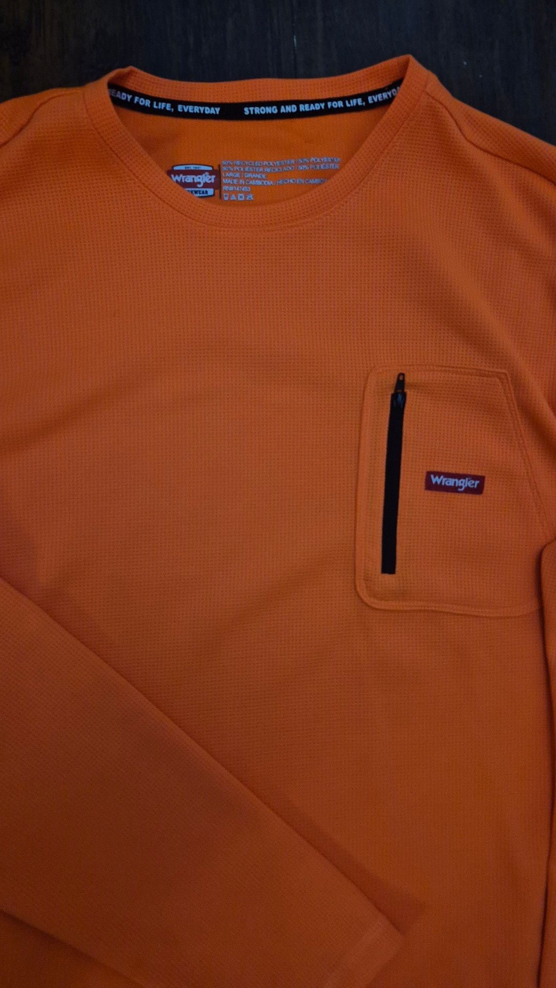 Wrangler Long Sleeve Performance Thermal Shirt Size Large Orange Pocket 3