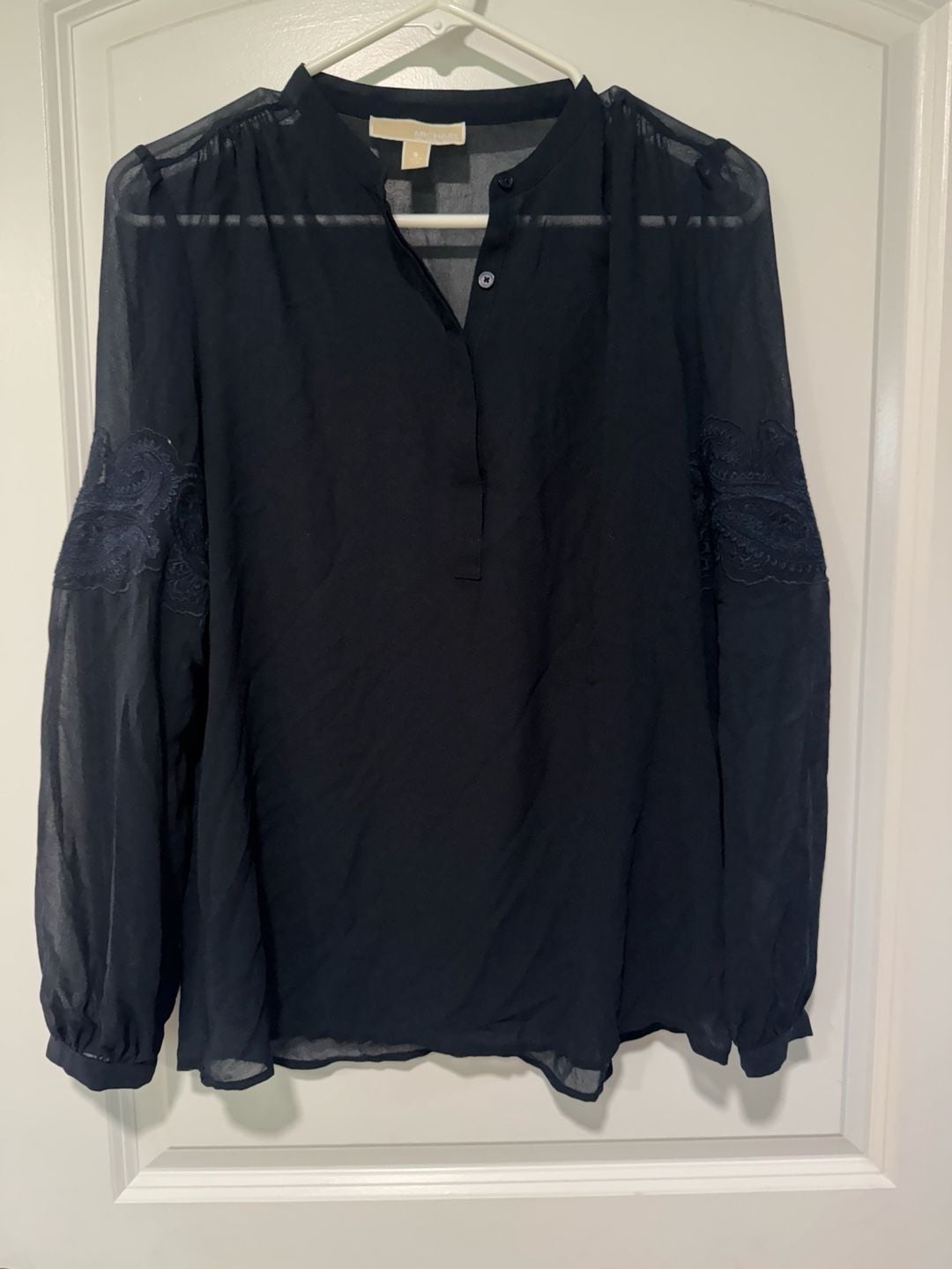 Michael Kors Sheer Black Embroidered Sleeve Blouse Romantic Boho Size S 2