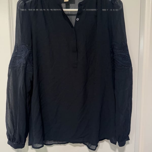 Michael Kors Sheer Black Embroidered Sleeve Blouse Romantic Boho Size S