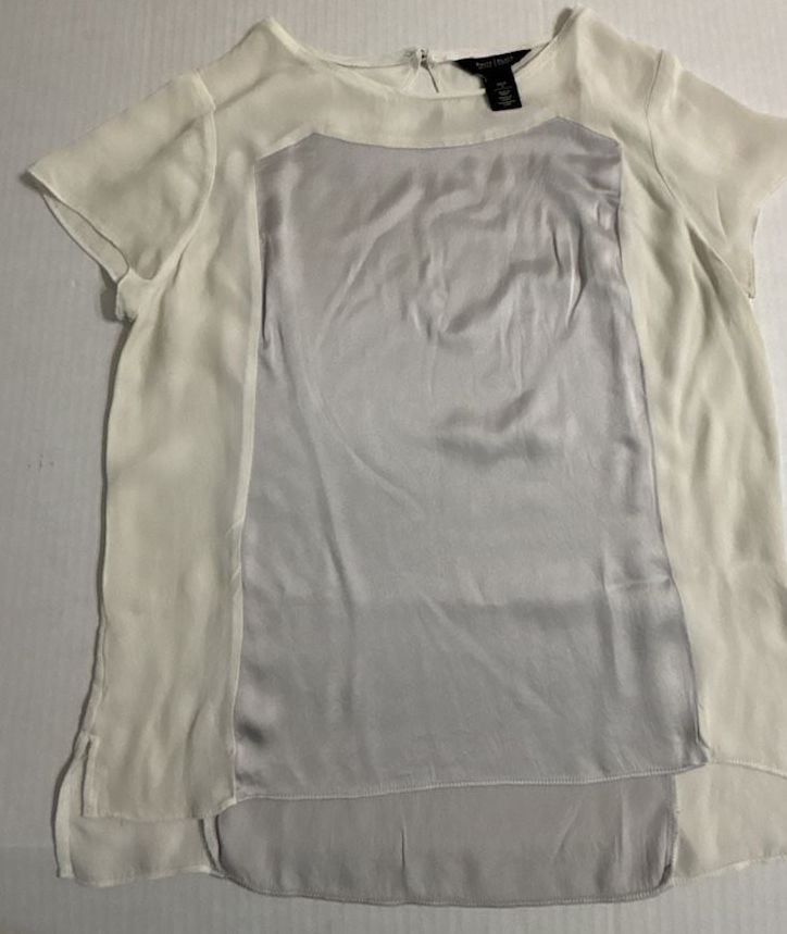 White House Black Market Silk Blouse Size 2 White Gray Short Sleeve Panel Top 2