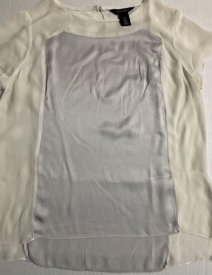 White House Black Market Silk Blouse Size 2 White Gray Short Sleeve Panel Top 3