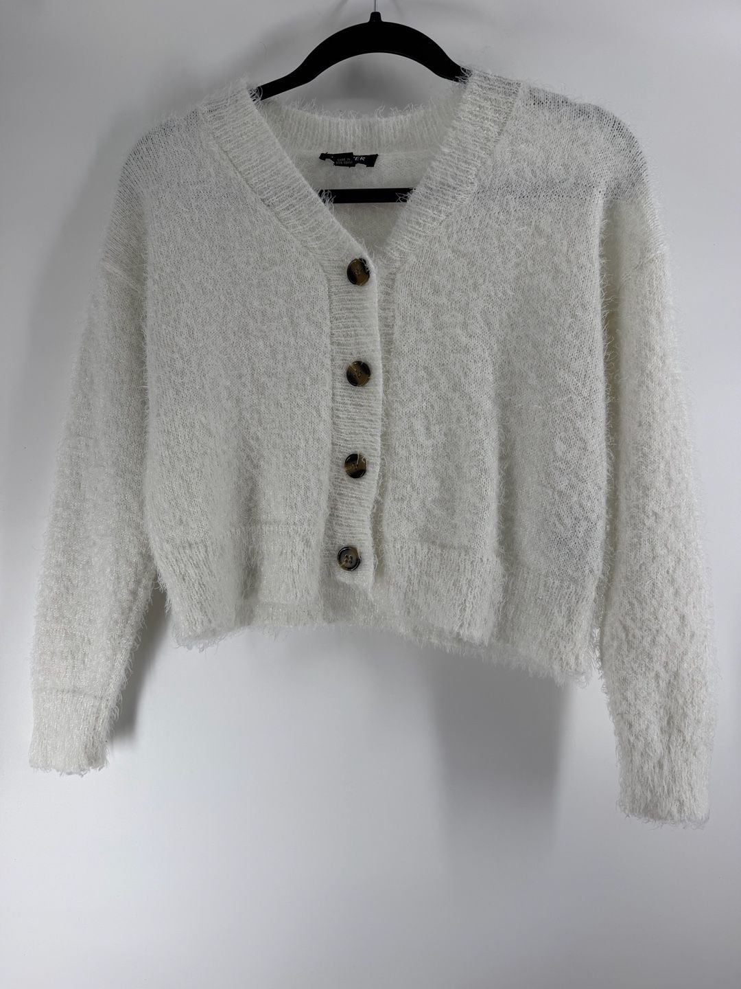 A. Byer White Fuzzy Cropped Cardigan Sweater Size Small Coquette Soft Girl 2