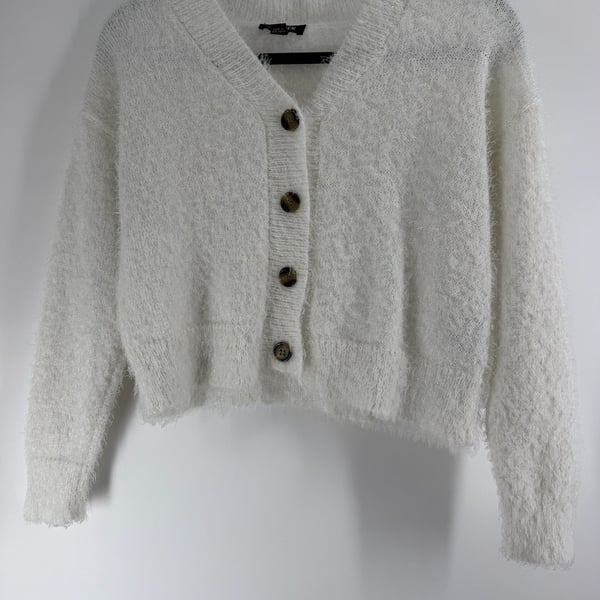 A. Byer White Fuzzy Cropped Cardigan Sweater Size Small Coquette Soft Girl