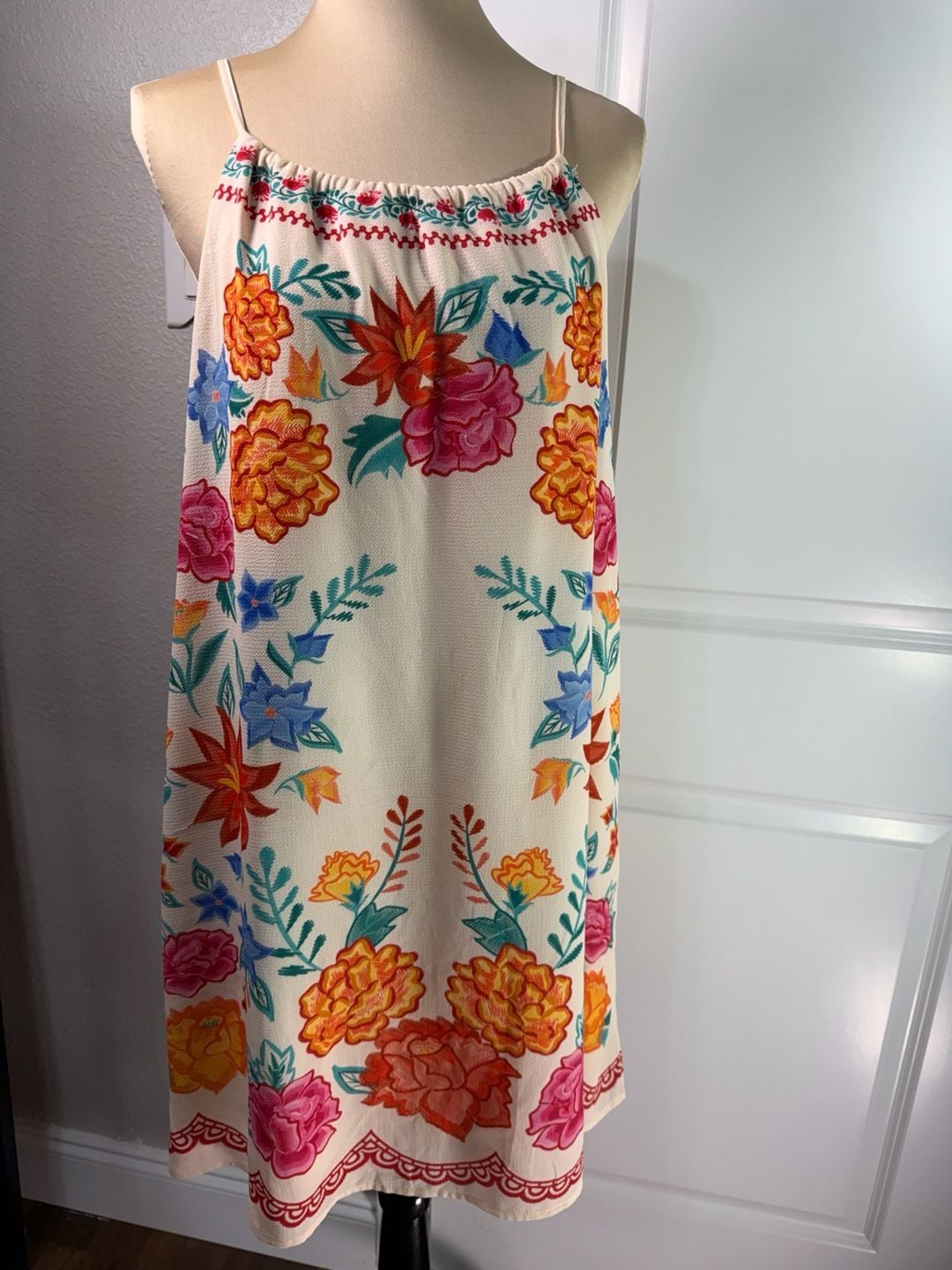 Flying Tomato Floral Embroidered Dress Size M Ivory Boho Cami 2
