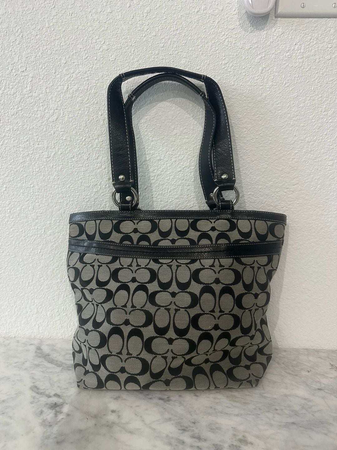 Coach Signature C Black Grey Monogram Canvas Leather Tote Bag F14936 2