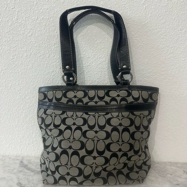 Coach Signature C Black Grey Monogram Canvas Leather Tote Bag F14936