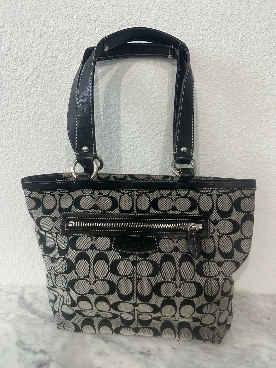 Coach Signature C Black Grey Monogram Canvas Leather Tote Bag F14936 3