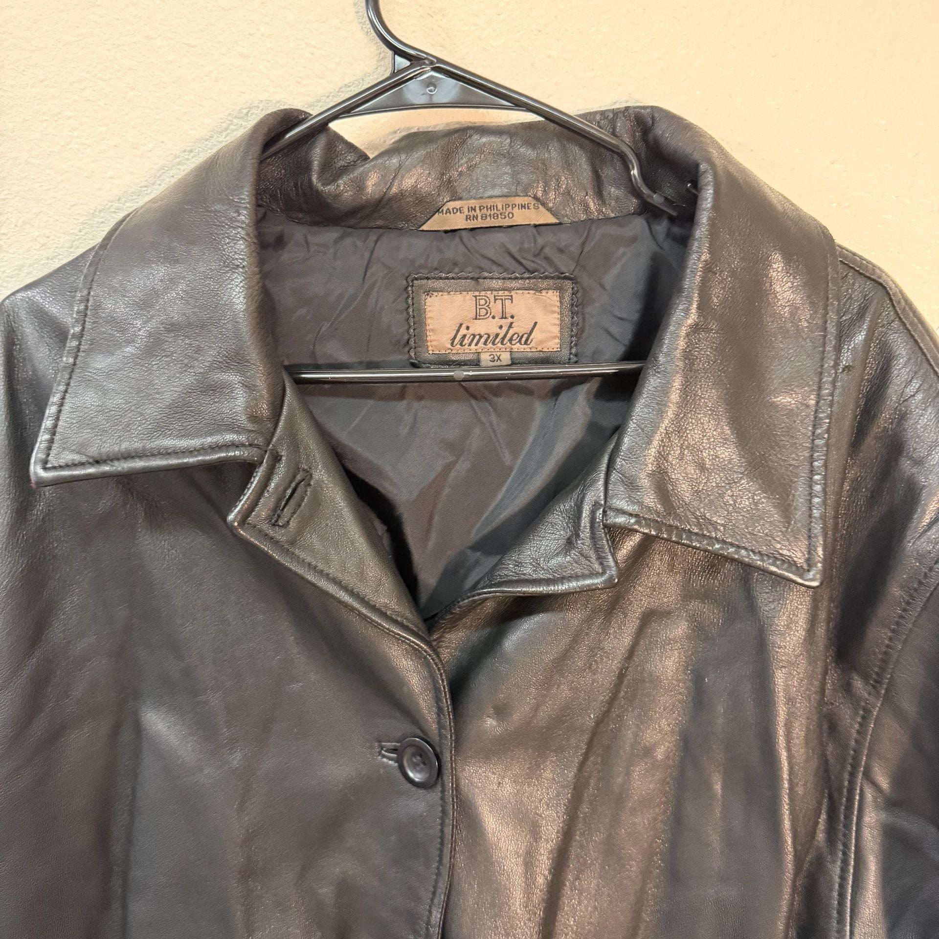 B.T. Limited Leather Jacket Size 3X Black Button Front Coat 9