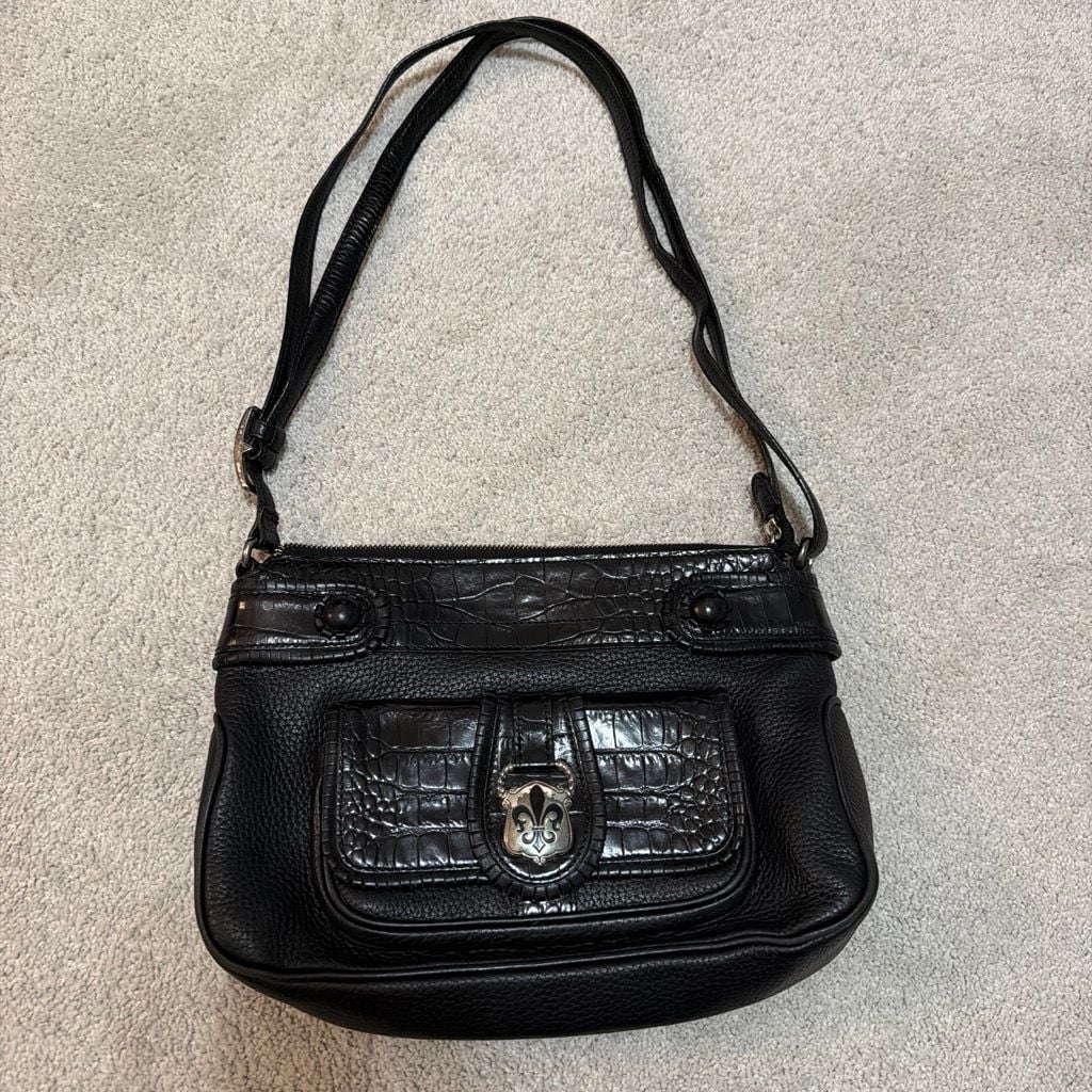 Brighton Black Leather Croc Trim Fleur-de-Lis Shoulder Bag 2