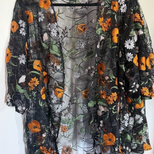 Miaspire 3L Sheer Floral Embroidery Cover up/Kimono