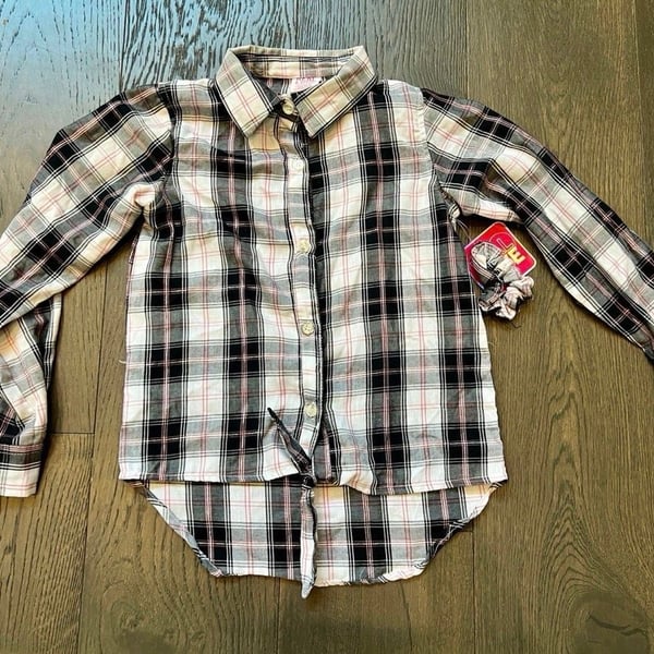Real Love Plaid Flannel Shirt Girls 10/12 Tie Front Blouse scrunchie nwt