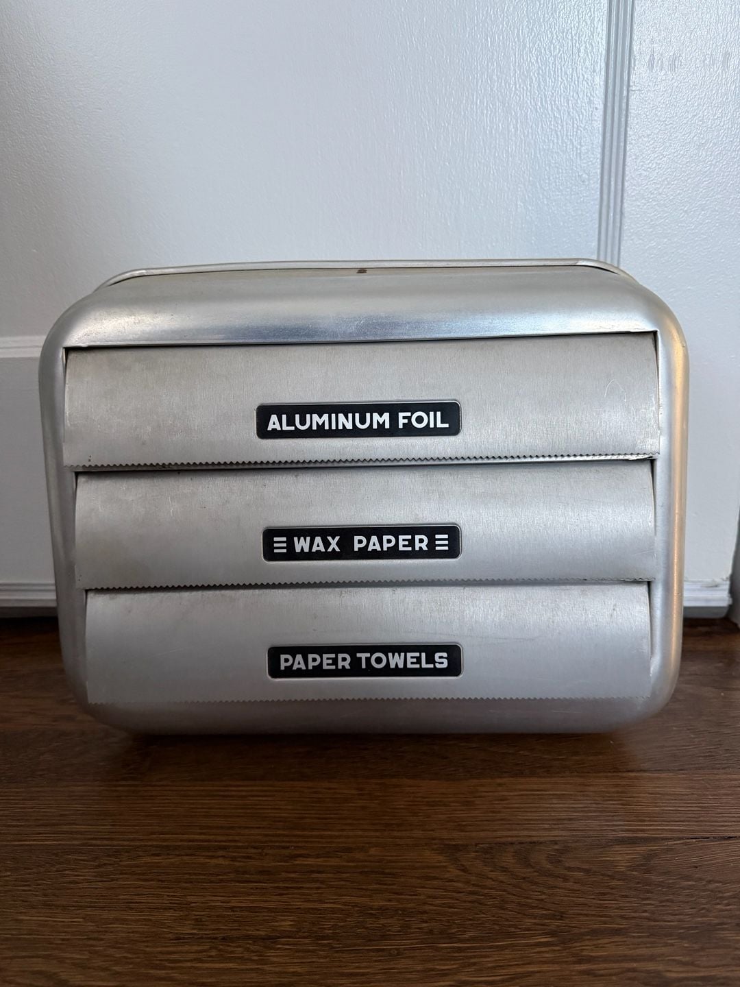 Vintage 1950s 1960s Aluminum Kitchen Wrap Paper Towel Dispenser Wall Mount Silver 1