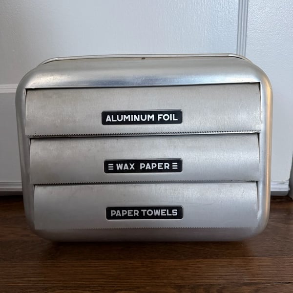 Vintage 1950s 1960s Aluminum Kitchen Wrap Paper Towel Dispenser Wall Mount Silver