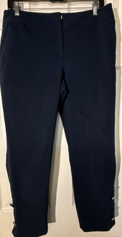 Ann Taylor Factory Pants Size 4 Navy Blue Ankle Work Trousers Button Hem 2