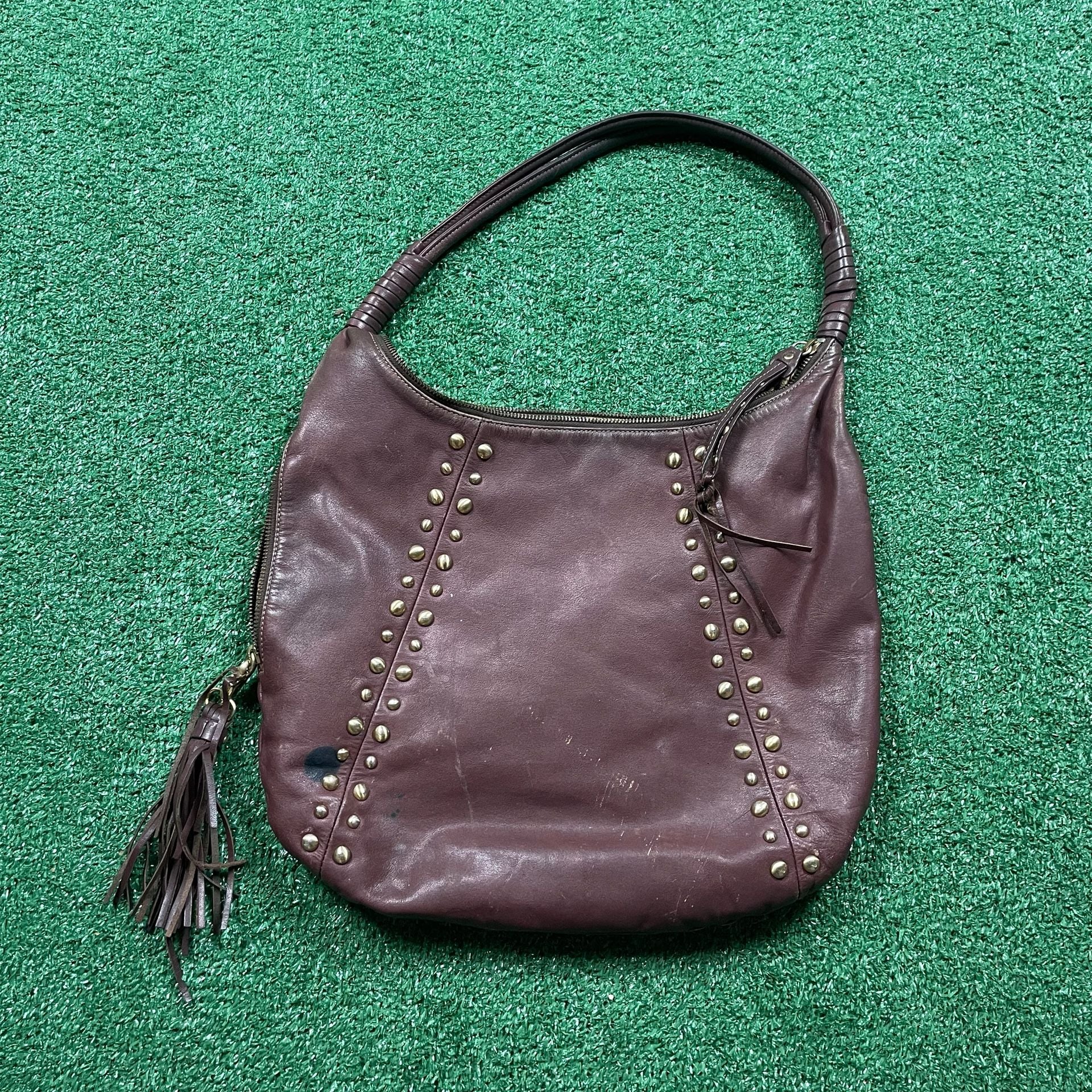 Charles Blake Brown Leather Studded Hobo Shoulder Bag with Tassel 2