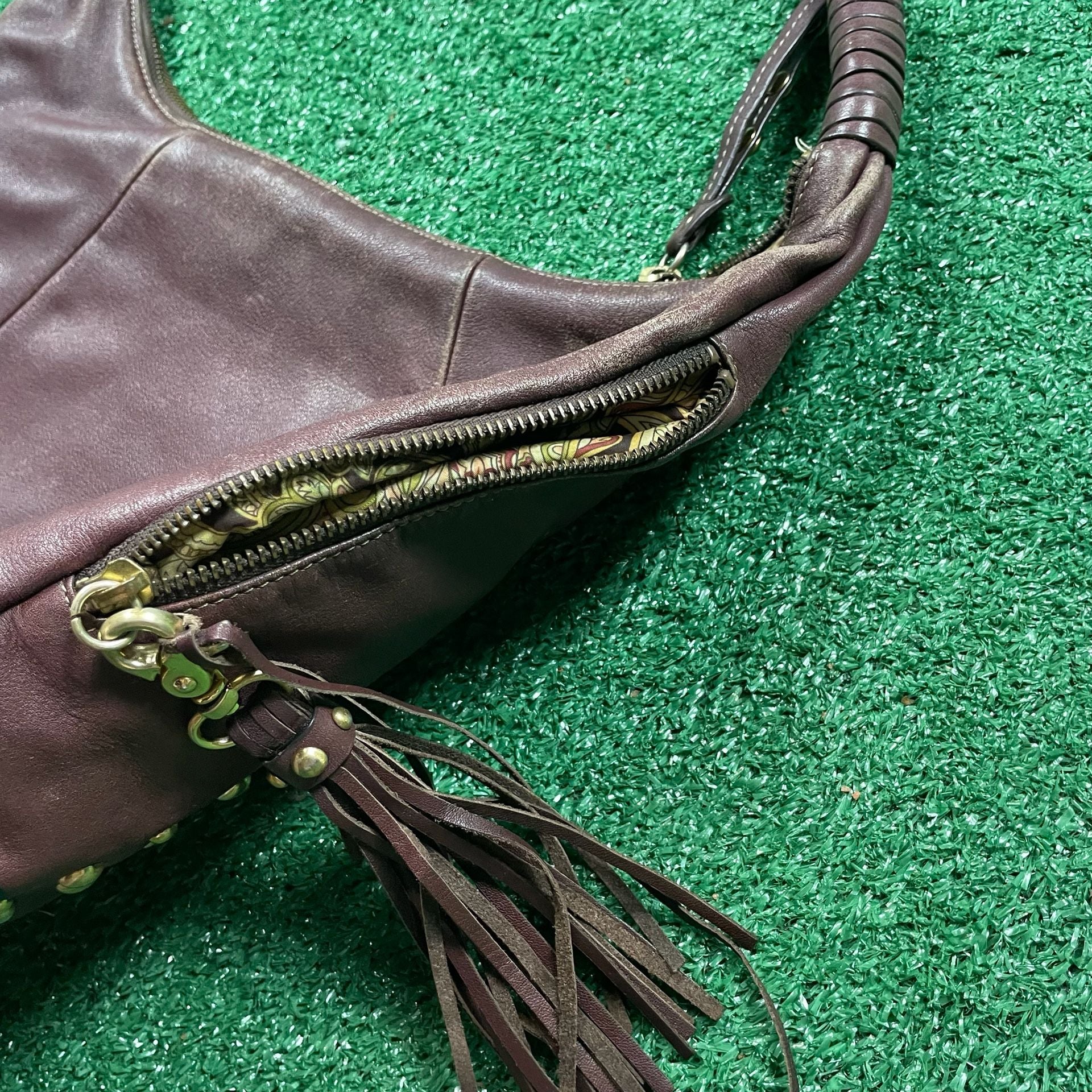 Charles Blake Brown Leather Studded Hobo Shoulder Bag with Tassel 7