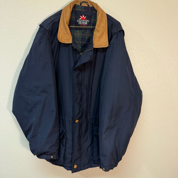 Canyon Guide Outfitters Jacket Size L Navy Plaid Lined Leather Collar Gorpcore