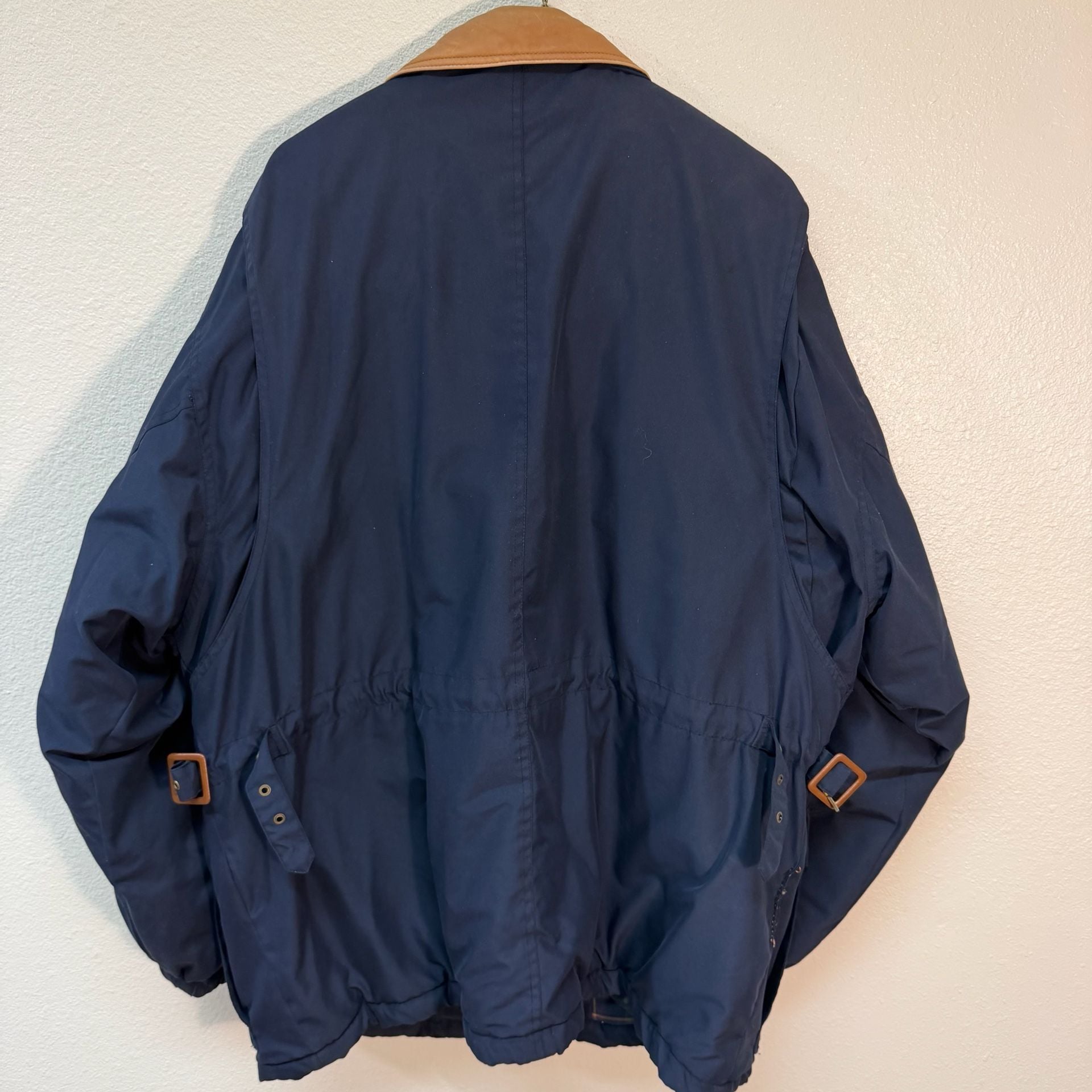 Canyon Guide Outfitters Jacket Size L Navy Plaid Lined Leather Collar Gorpcore  9