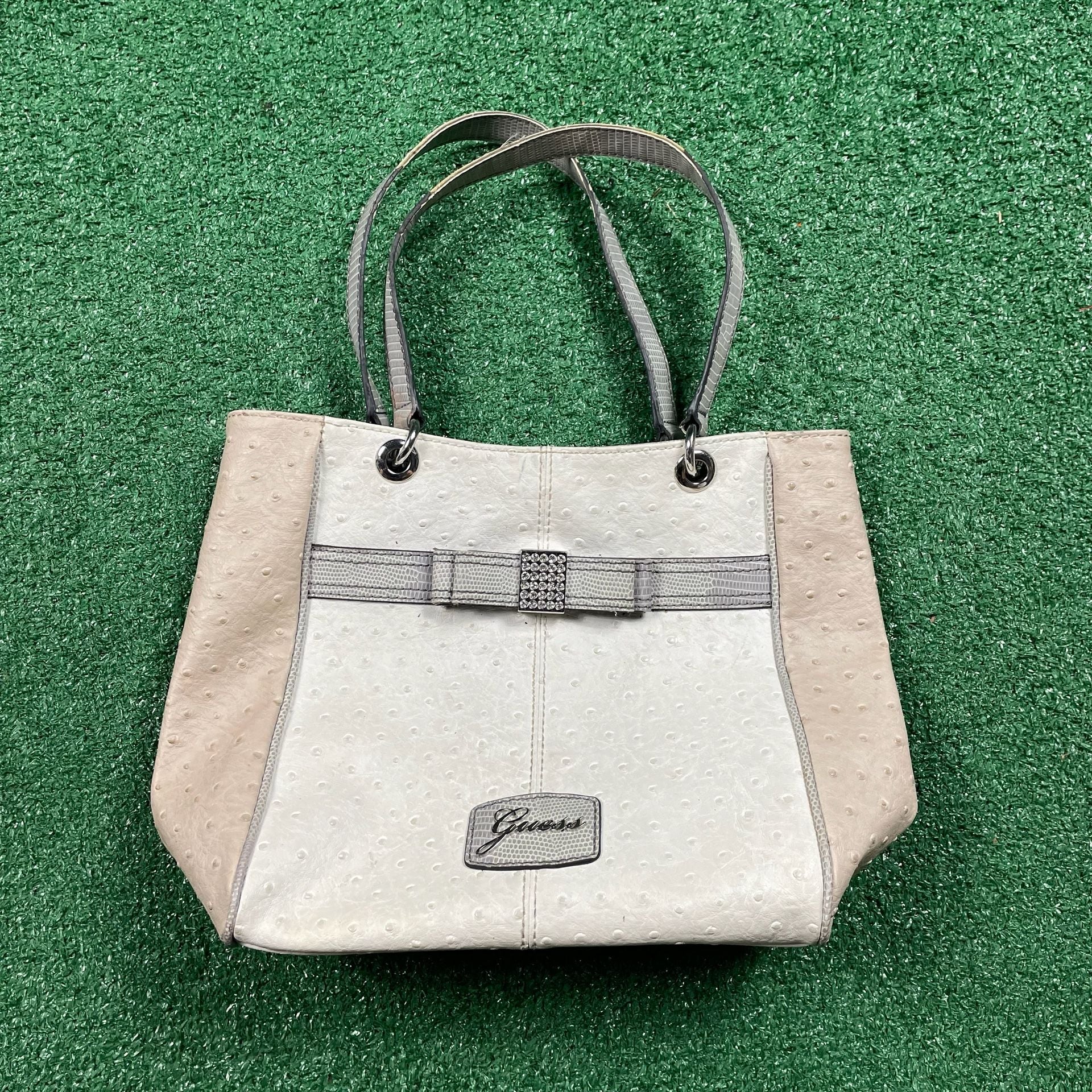 Guess Ostrich Embossed Tote Shoulder Bag White Beige Bow Rhinestone 2