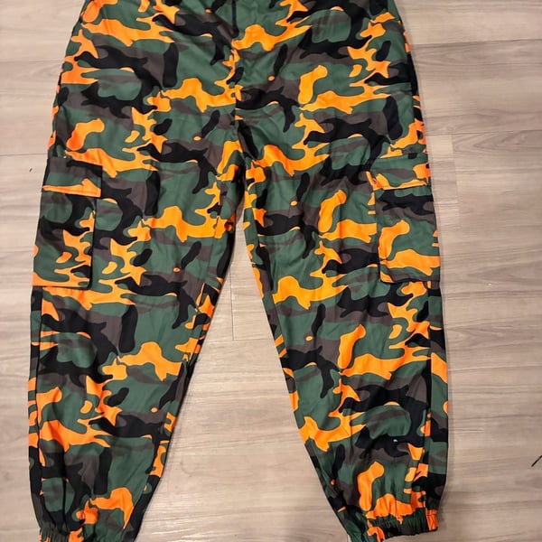 Orange Green Camo Cargo Jogger Pants Elastic Waist Streetwear 4XL